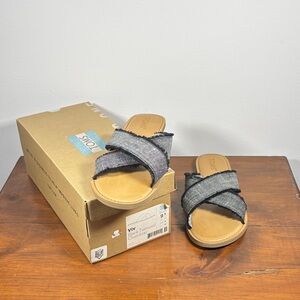 TOMS Viv Black Textured Chambray Crossband Slip-On Sandals Woman Size 9 1/2